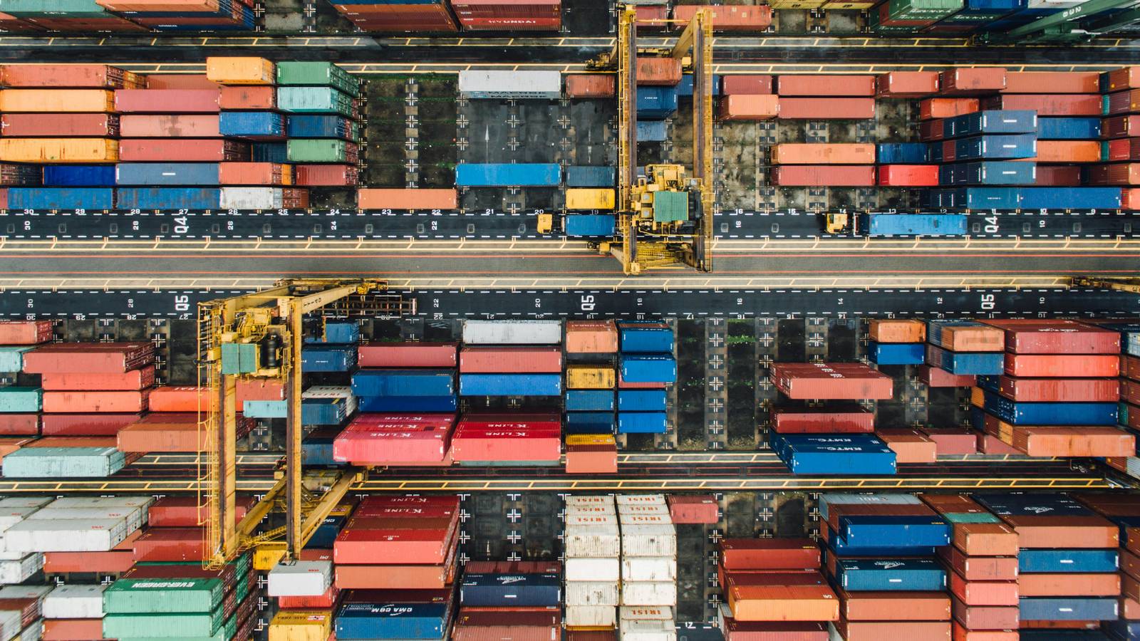 Top-down view of a shipping-container yard