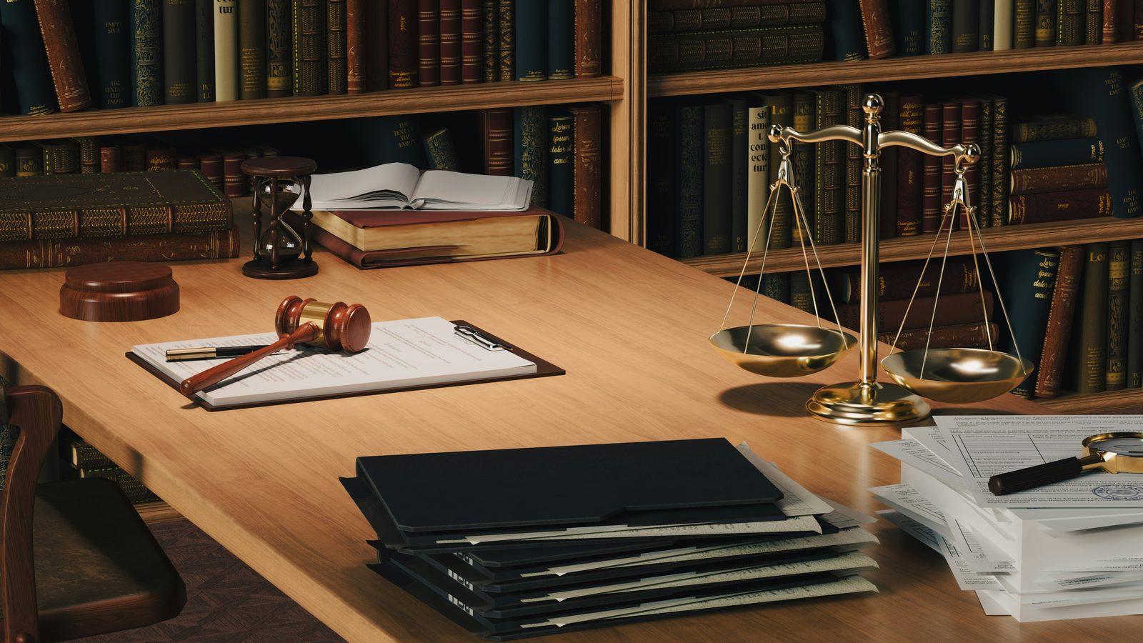 A gavel, scales and leather-bound law books