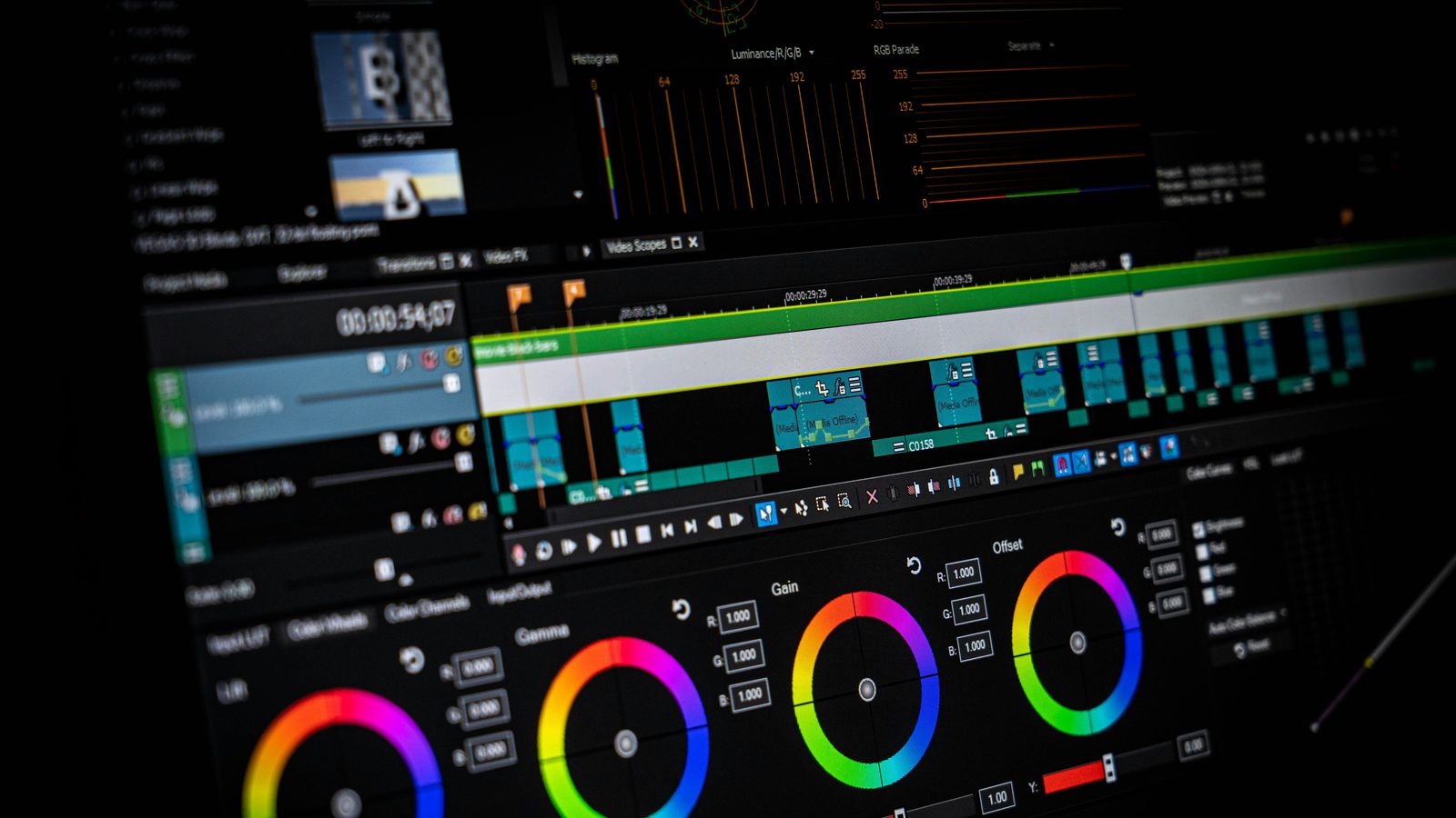 Dark screen showing software with colour-grade controls