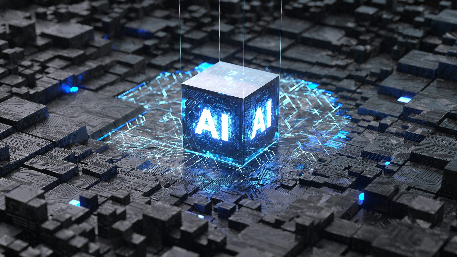 A glowing AI cube on a circuit board