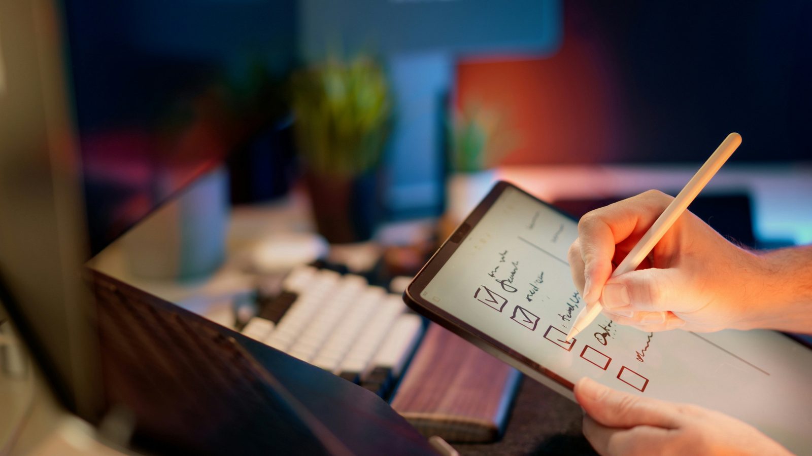 Hand checking boxes on a tablet checklist