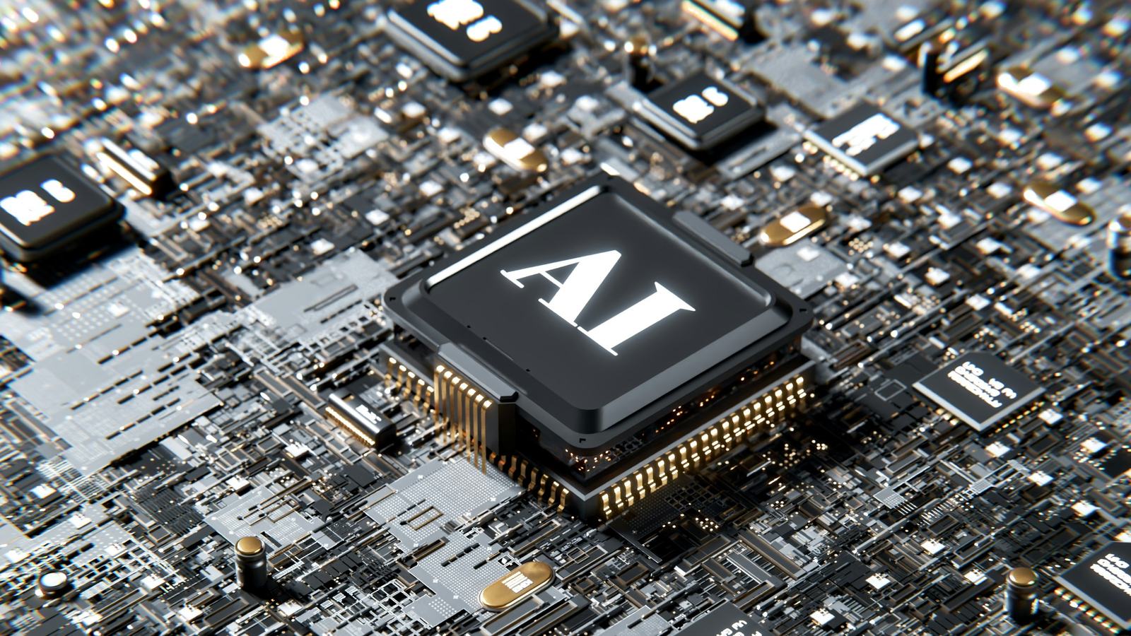 Macro of a circuit board with a glowing AI chip